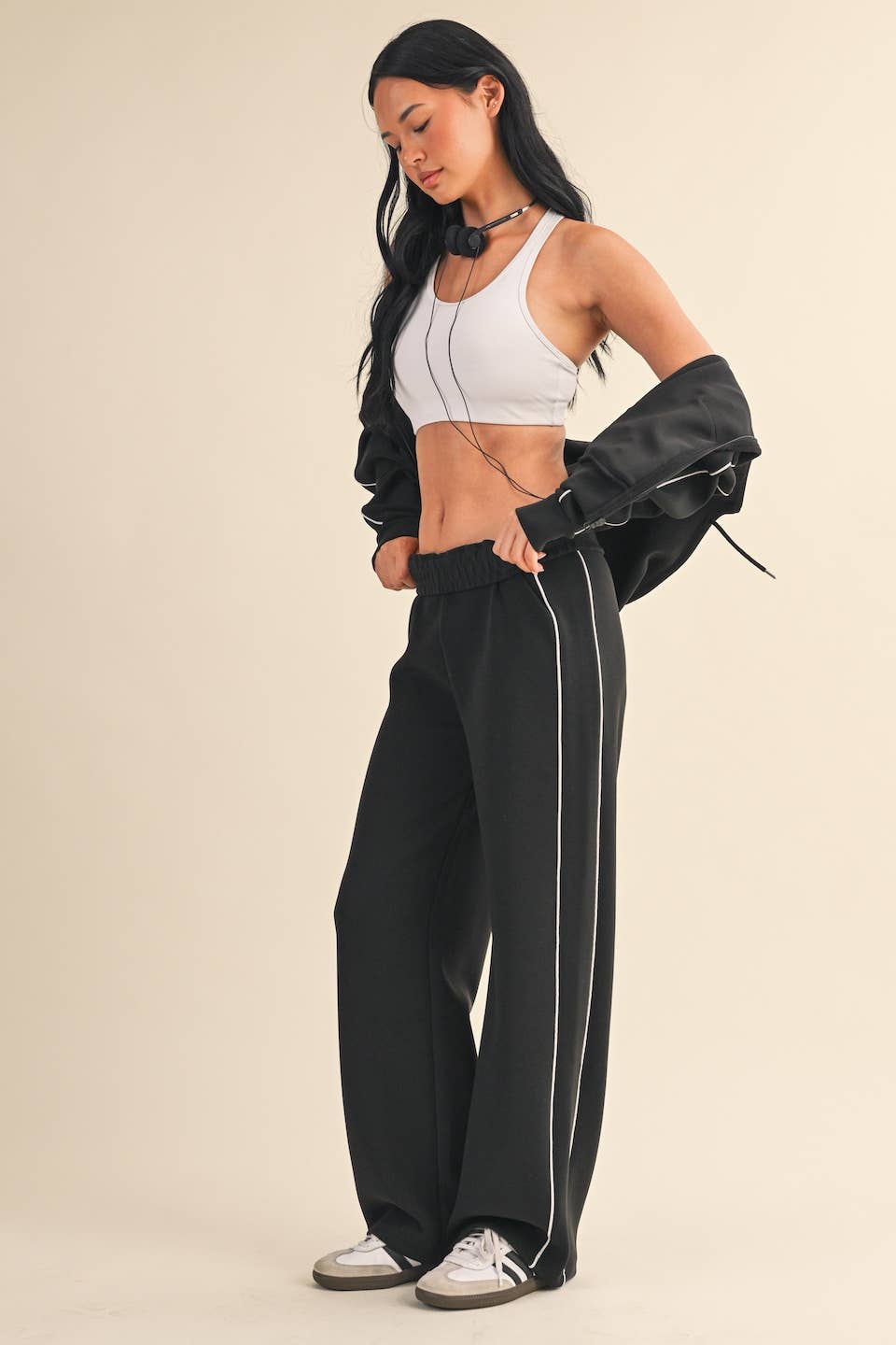 Super Soft Air Scuba  With Piping Zip Up Hoodie & Wide Leg Pants