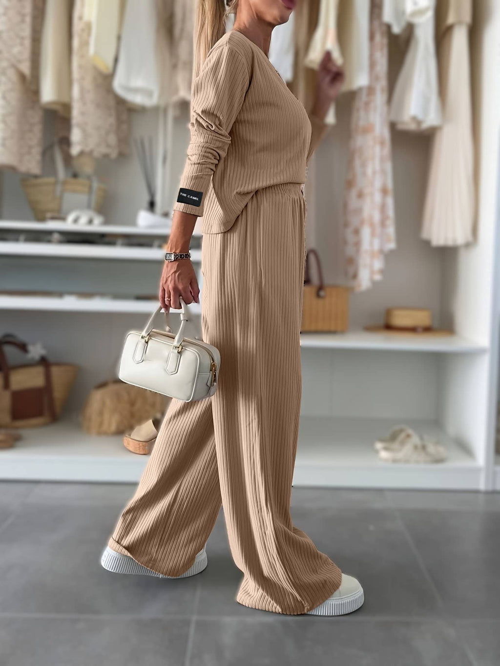 Ribbed T-Shirt & Drape Straight-Leg Pants Set