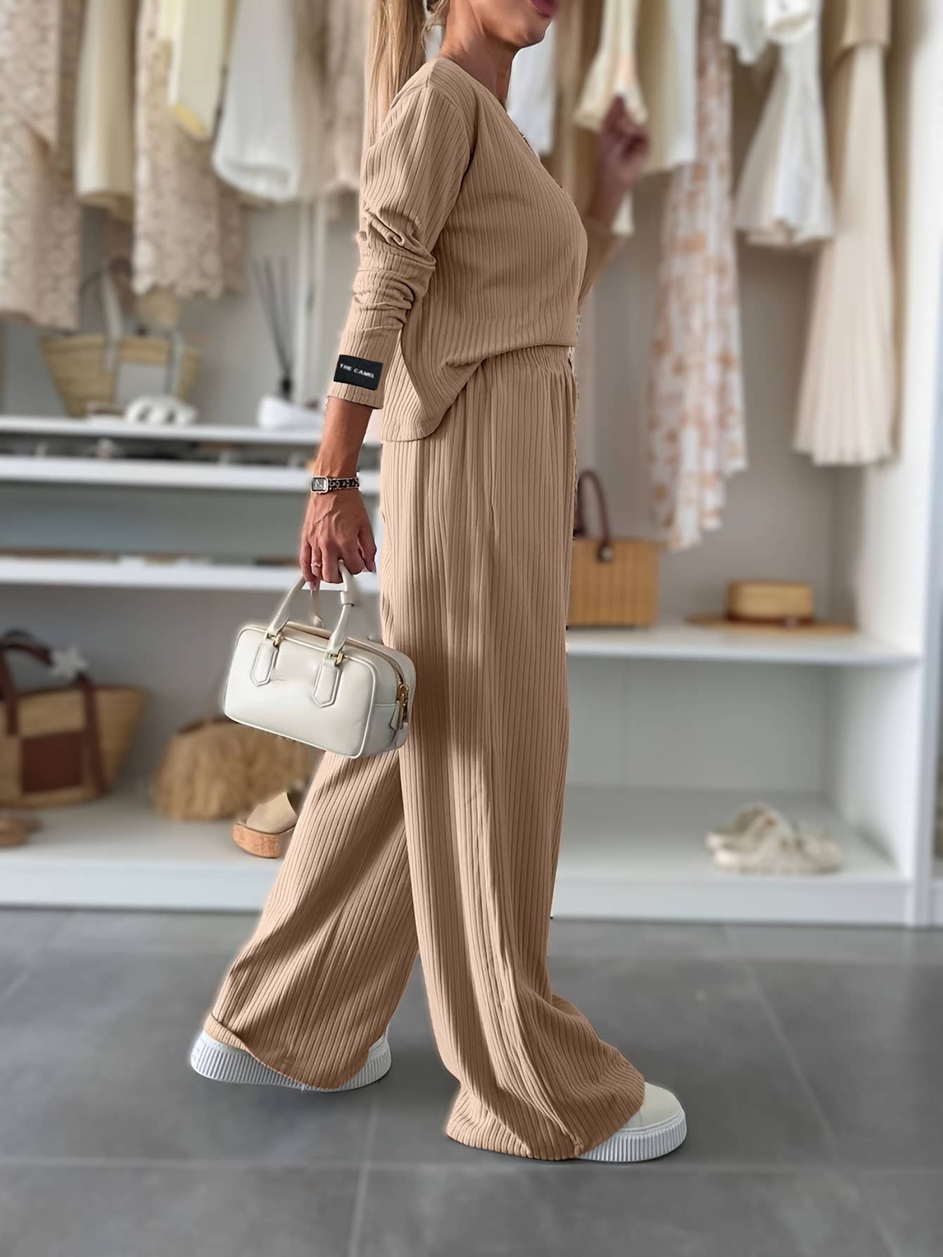 Ribbed T-Shirt & Drape Straight-Leg Pants Set