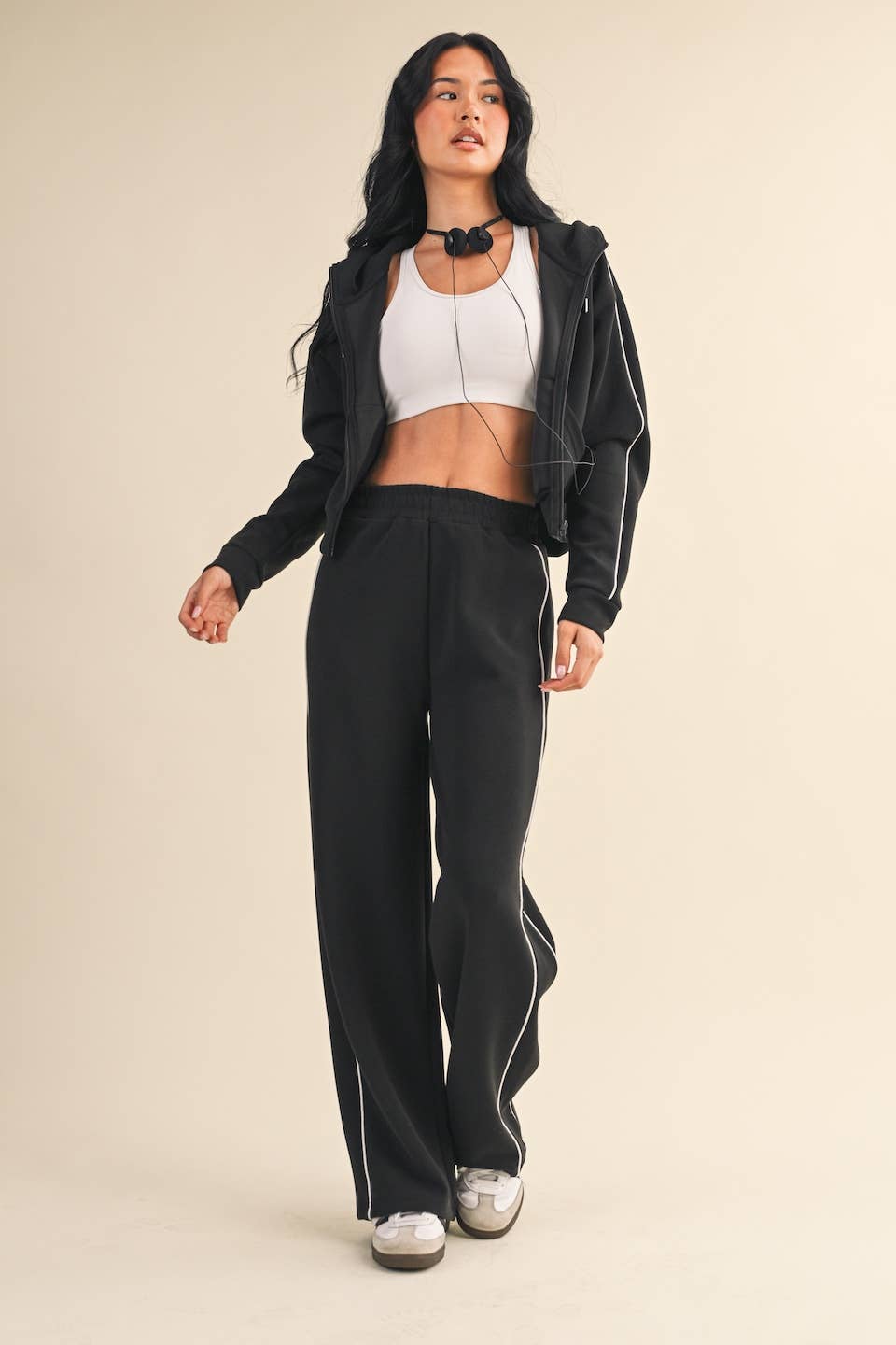 Super Soft Air Scuba  With Piping Zip Up Hoodie & Wide Leg Pants