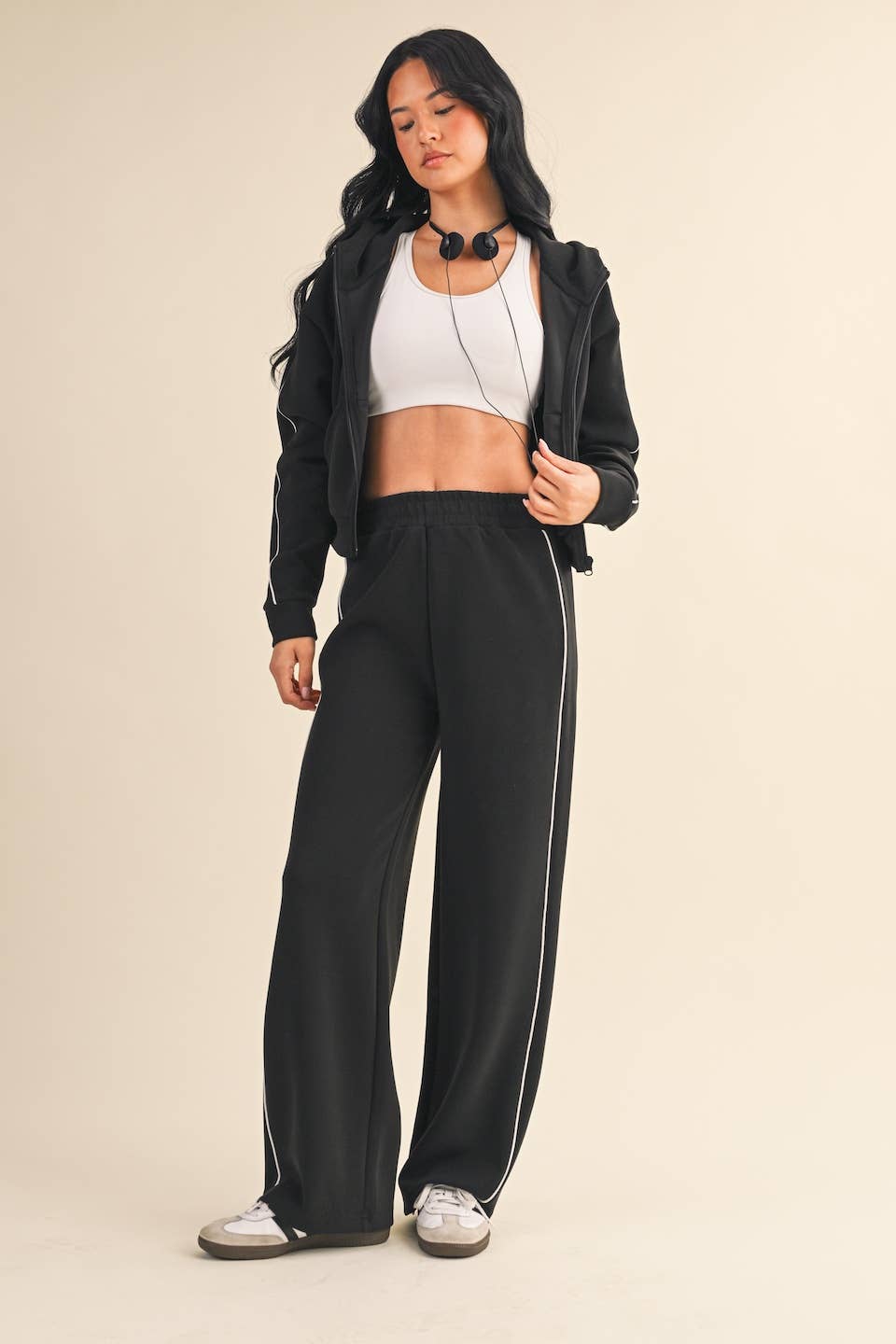 Super Soft Air Scuba  With Piping Zip Up Hoodie & Wide Leg Pants