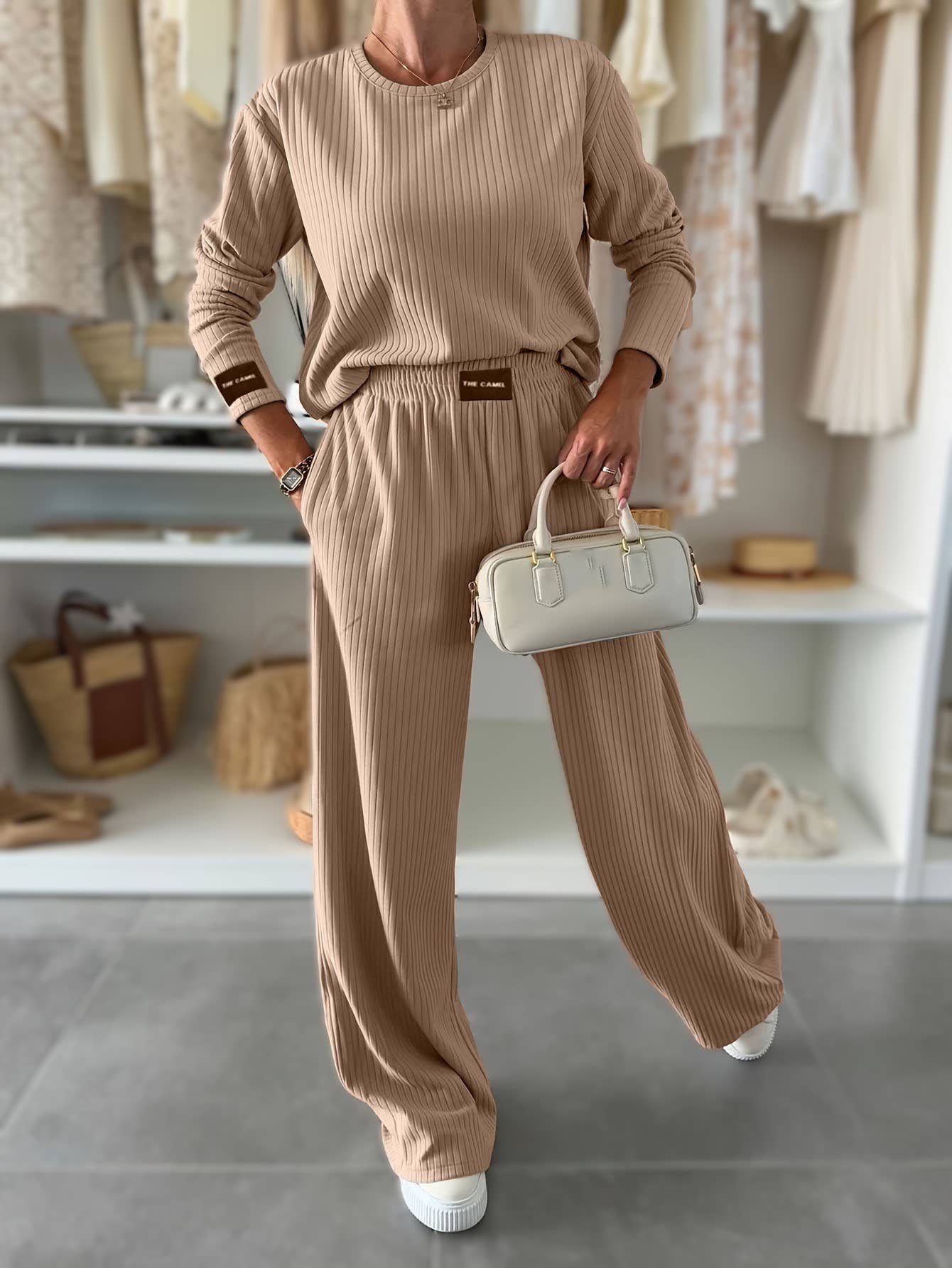 Ribbed T-Shirt & Drape Straight-Leg Pants Set