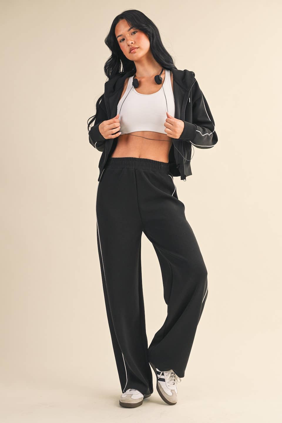 Super Soft Air Scuba  With Piping Zip Up Hoodie & Wide Leg Pants