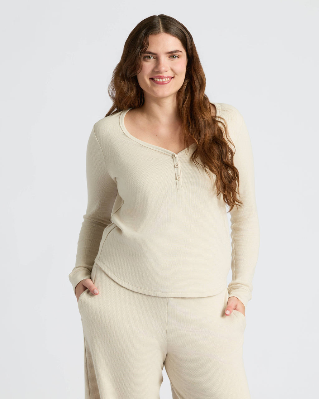 Womens Oatmeal Waffle Long Sleeve Boxy Henley