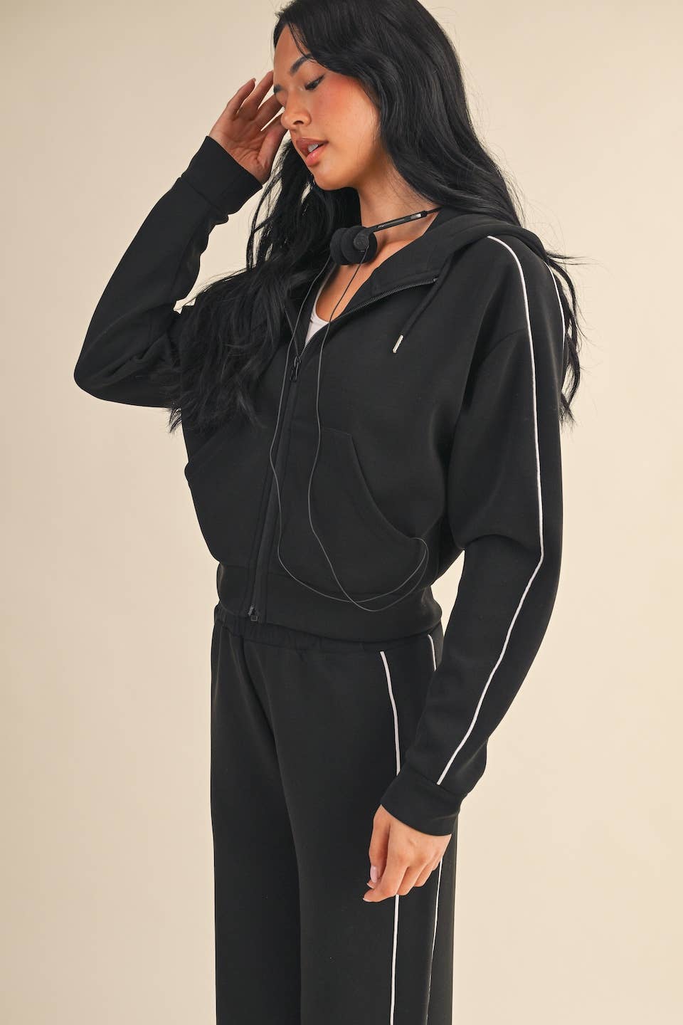 Super Soft Air Scuba  With Piping Zip Up Hoodie & Wide Leg Pants