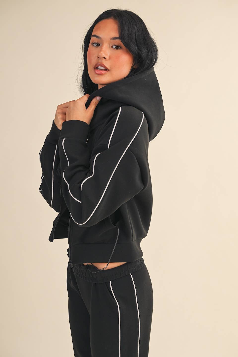 Super Soft Air Scuba  With Piping Zip Up Hoodie & Wide Leg Pants