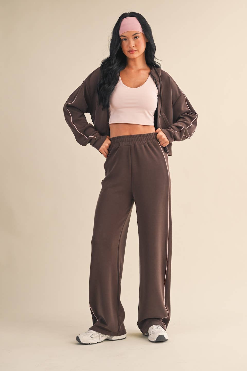 Super Soft Air Scuba  With Piping Zip Up Hoodie & Wide Leg Pants
