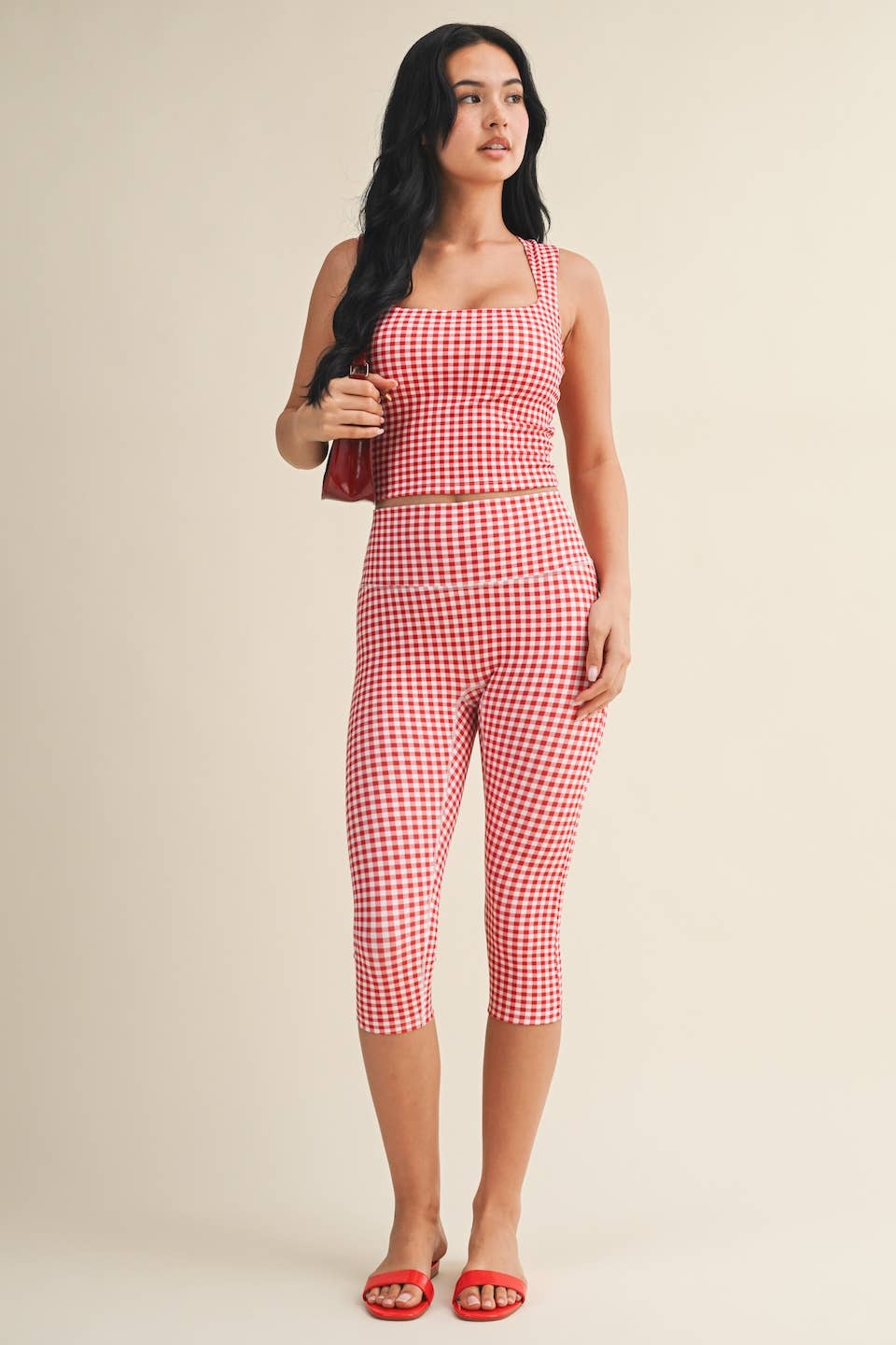 Red Gingham Wide Strap Fitted Tank