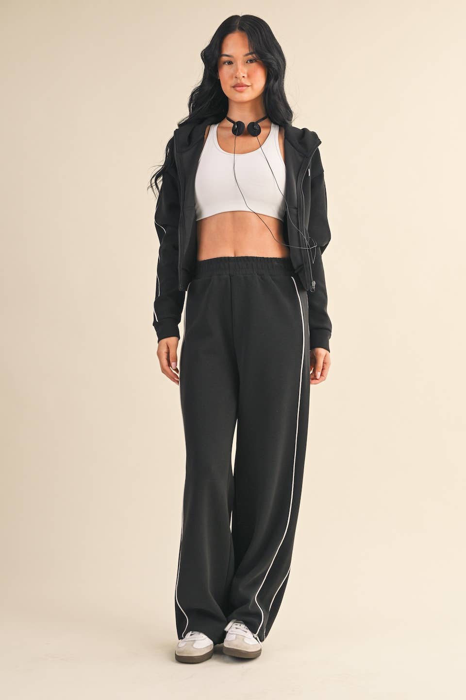 Super Soft Air Scuba  With Piping Zip Up Hoodie & Wide Leg Pants