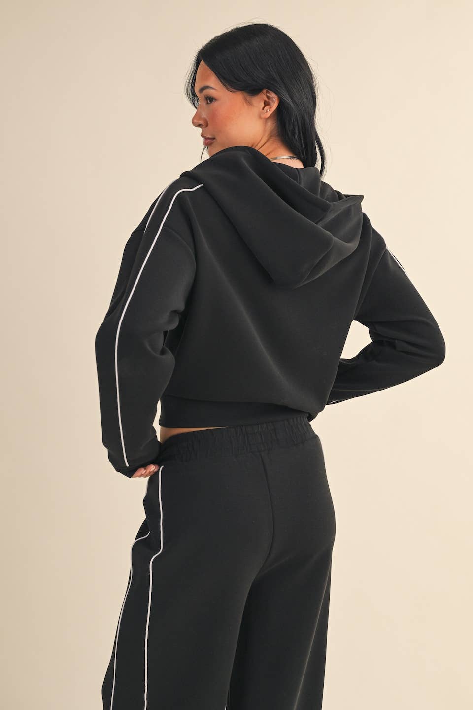 Super Soft Air Scuba  With Piping Zip Up Hoodie & Wide Leg Pants