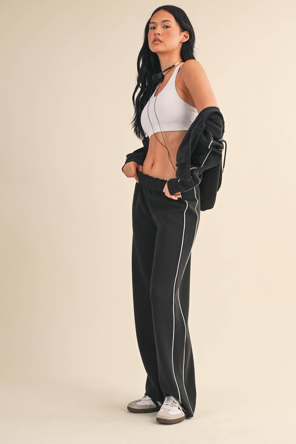 Super Soft Air Scuba  With Piping Zip Up Hoodie & Wide Leg Pants