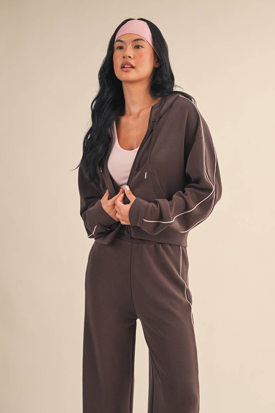 Super Soft Air Scuba  With Piping Zip Up Hoodie & Wide Leg Pants