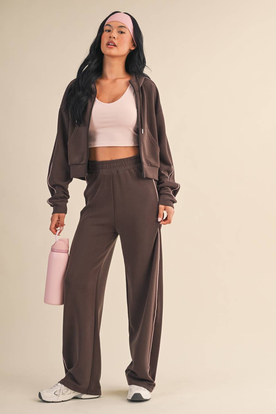 Super Soft Air Scuba  With Piping Zip Up Hoodie & Wide Leg Pants