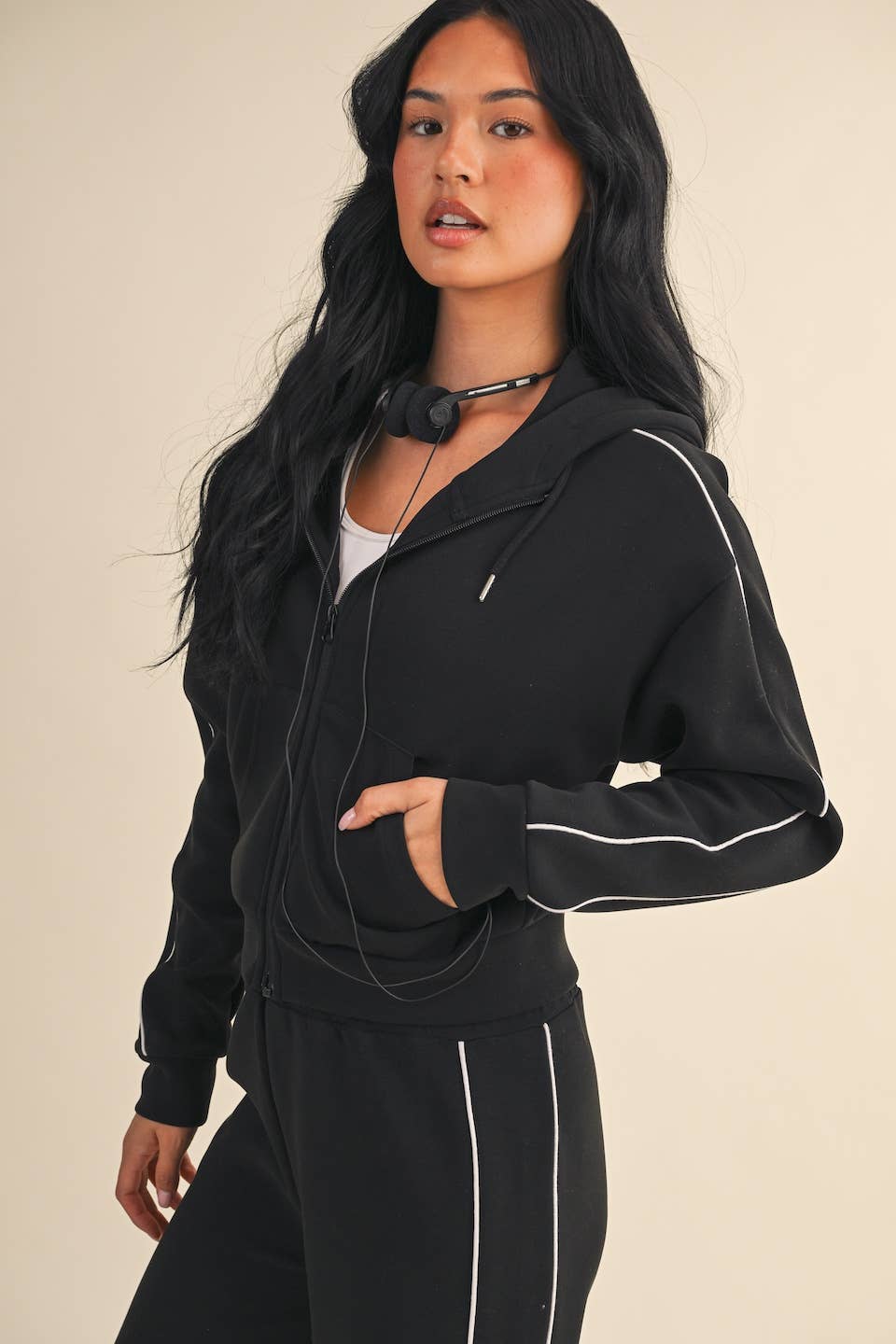 Super Soft Air Scuba  With Piping Zip Up Hoodie & Wide Leg Pants