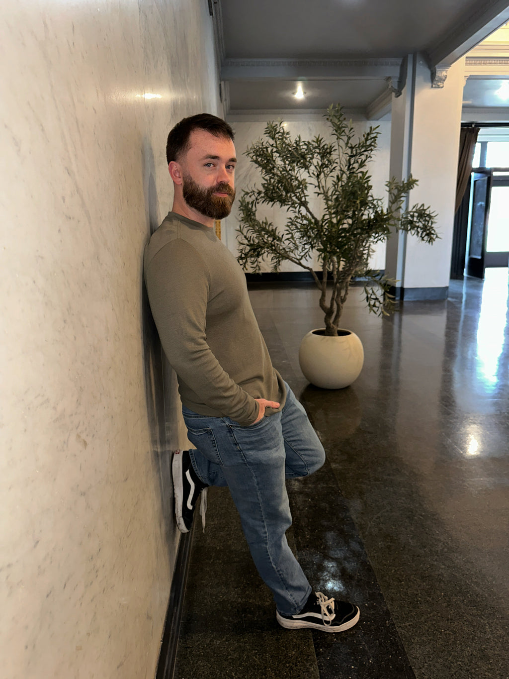 Military Green Waffle Long Sleeve Crew Neck