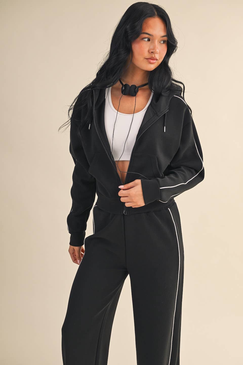 Super Soft Air Scuba  With Piping Zip Up Hoodie & Wide Leg Pants