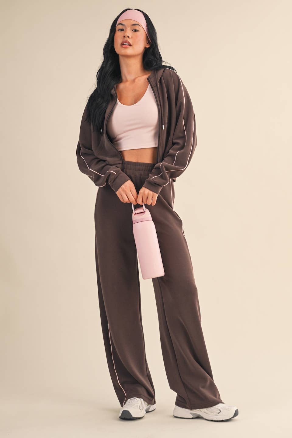 Super Soft Air Scuba  With Piping Zip Up Hoodie & Wide Leg Pants