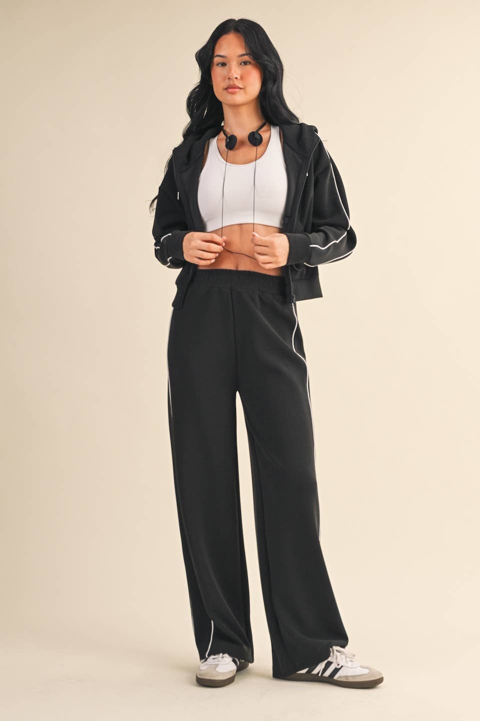 Super Soft Air Scuba  With Piping Zip Up Hoodie & Wide Leg Pants