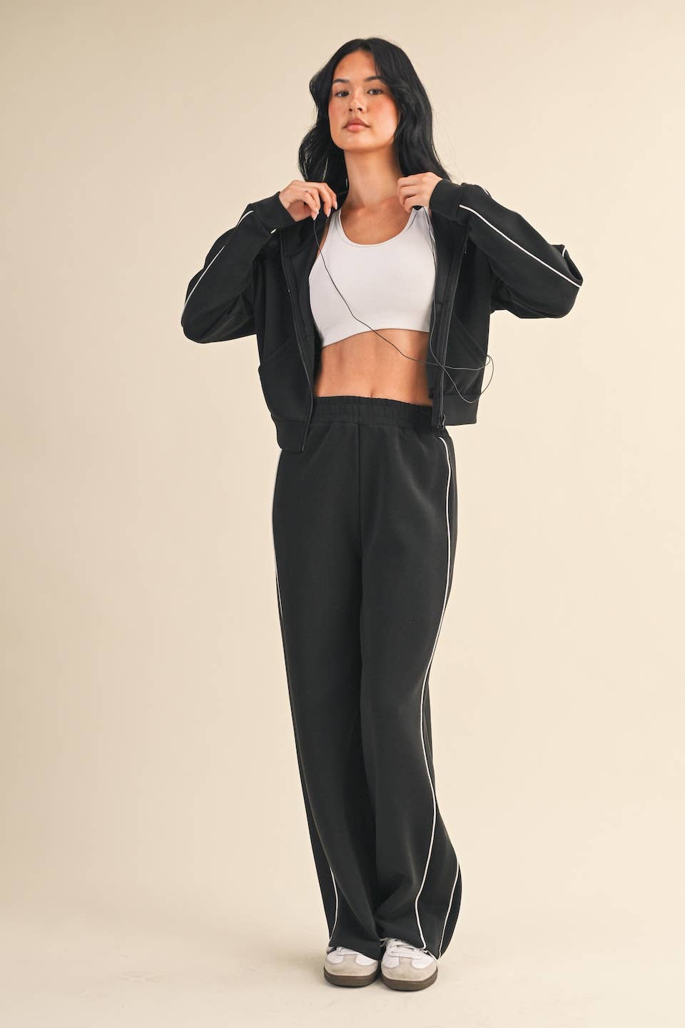Super Soft Air Scuba  With Piping Zip Up Hoodie & Wide Leg Pants