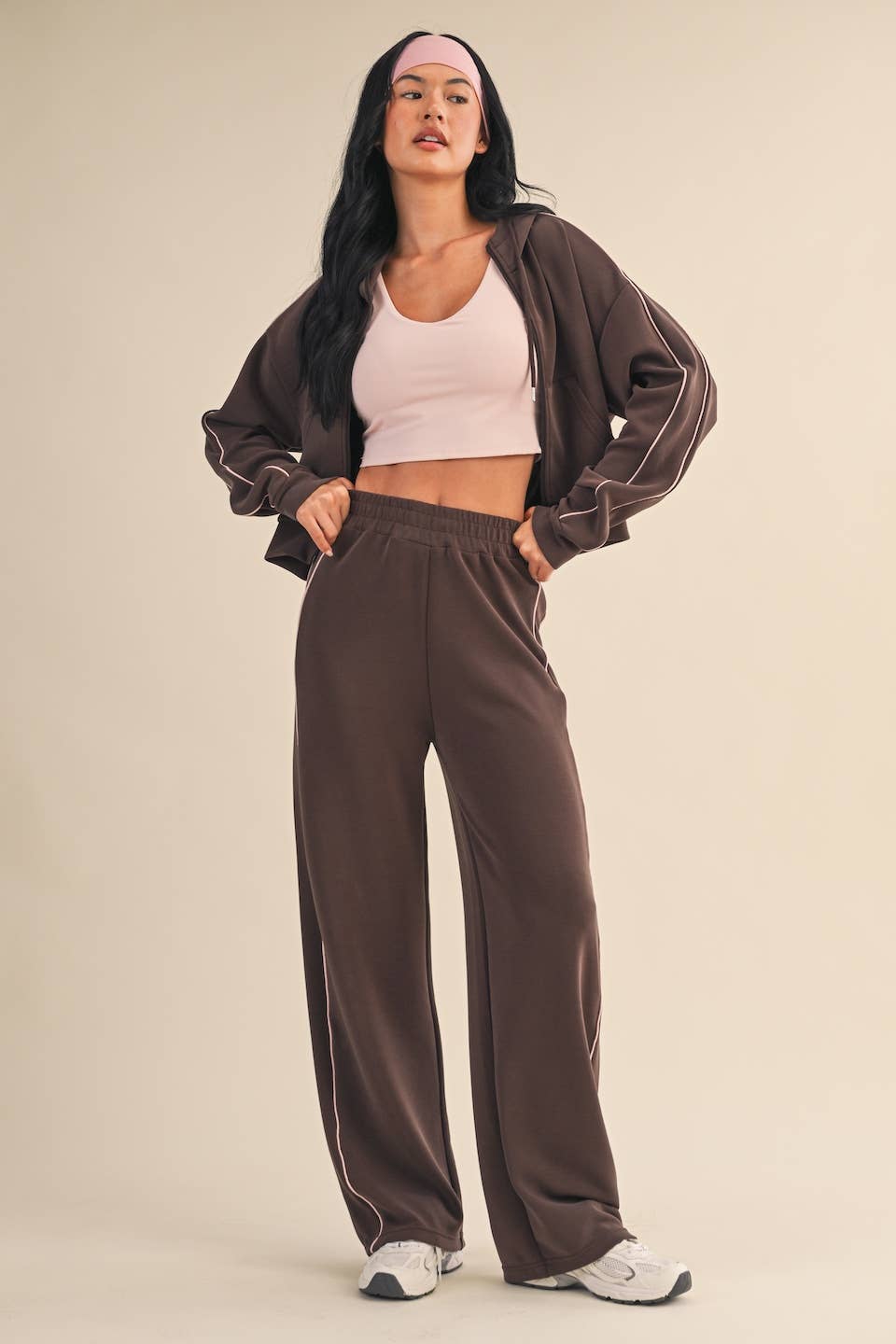Super Soft Air Scuba  With Piping Zip Up Hoodie & Wide Leg Pants