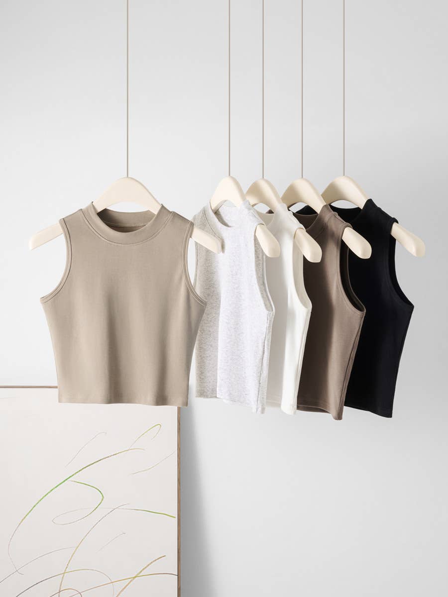 Basic Essential cotton high neck crop fitted tank top