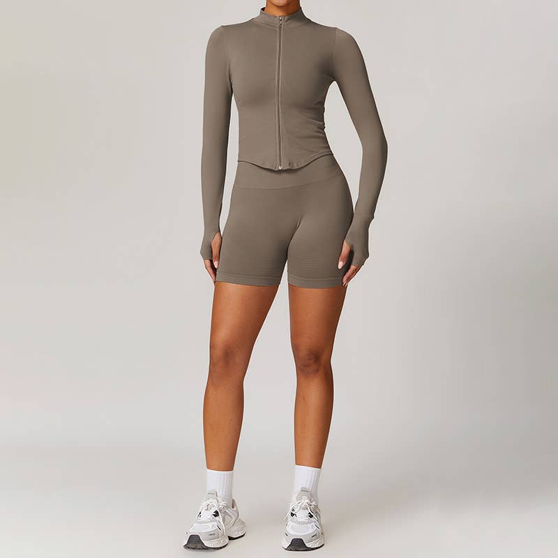 Long Sleeve Full Zipper Jacket + Shorts 2-piece Set
