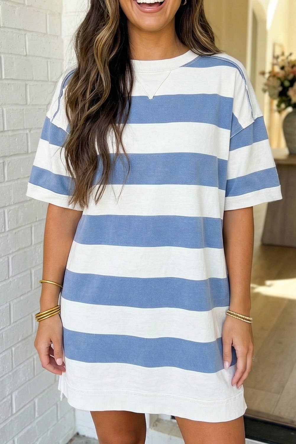 LAS Stripe Raw Seam Shoulder Detail Tee Dress (S-XL)