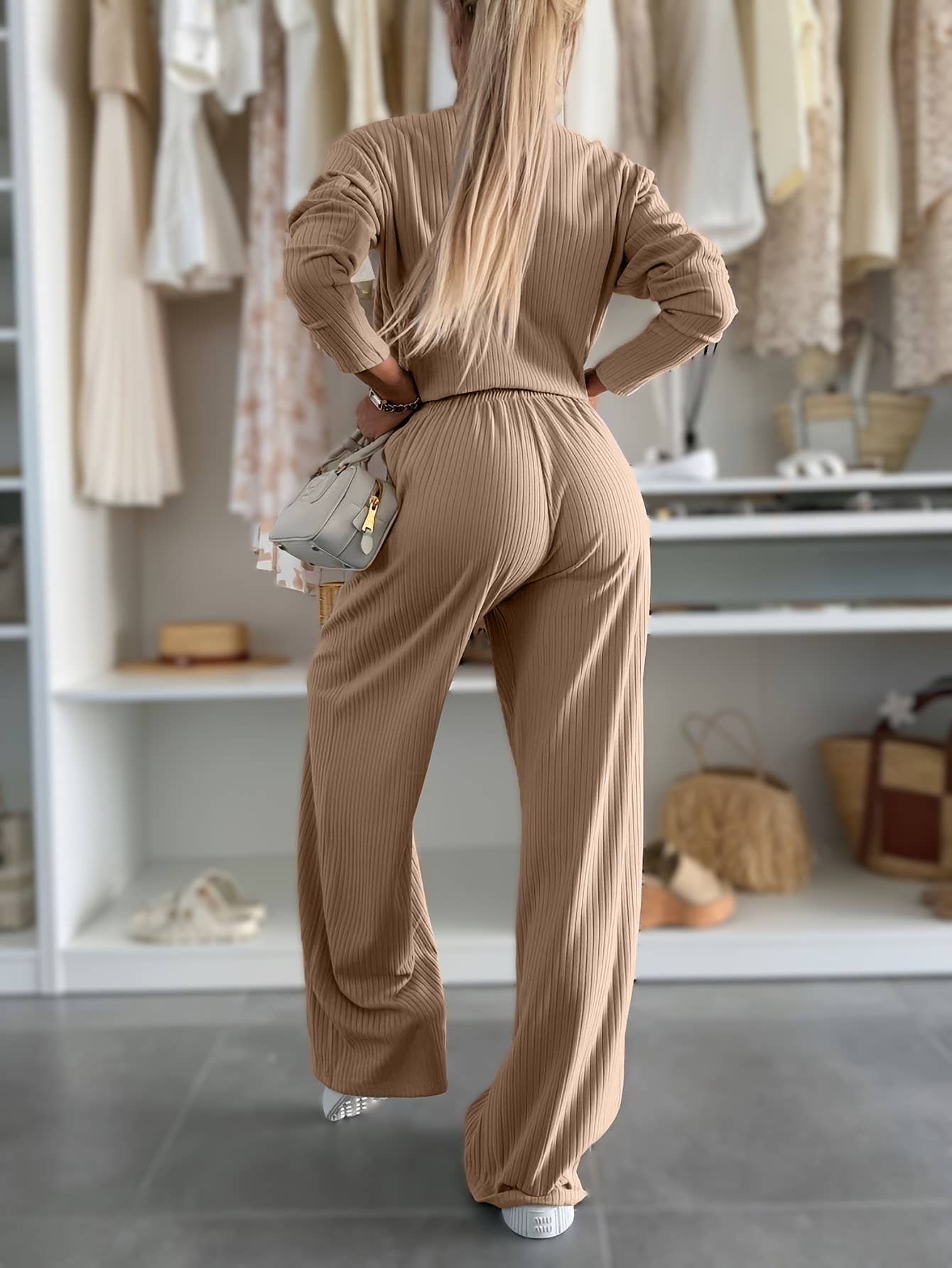 Ribbed T-Shirt & Drape Straight-Leg Pants Set