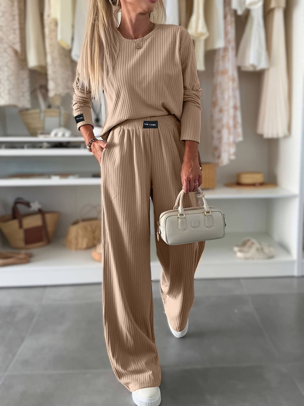 Ribbed T-Shirt & Drape Straight-Leg Pants Set