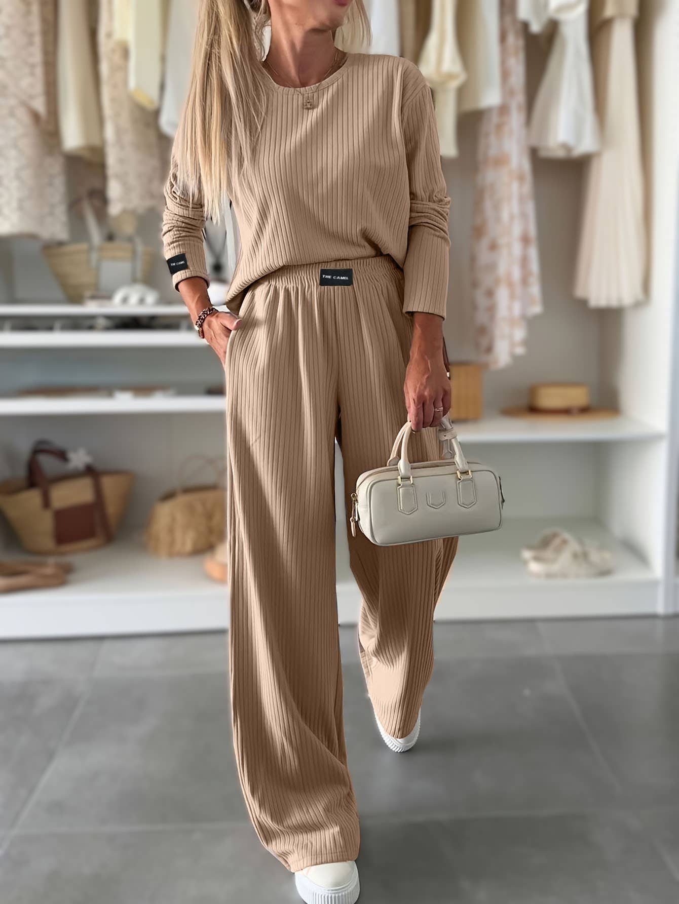 Ribbed T-Shirt & Drape Straight-Leg Pants Set