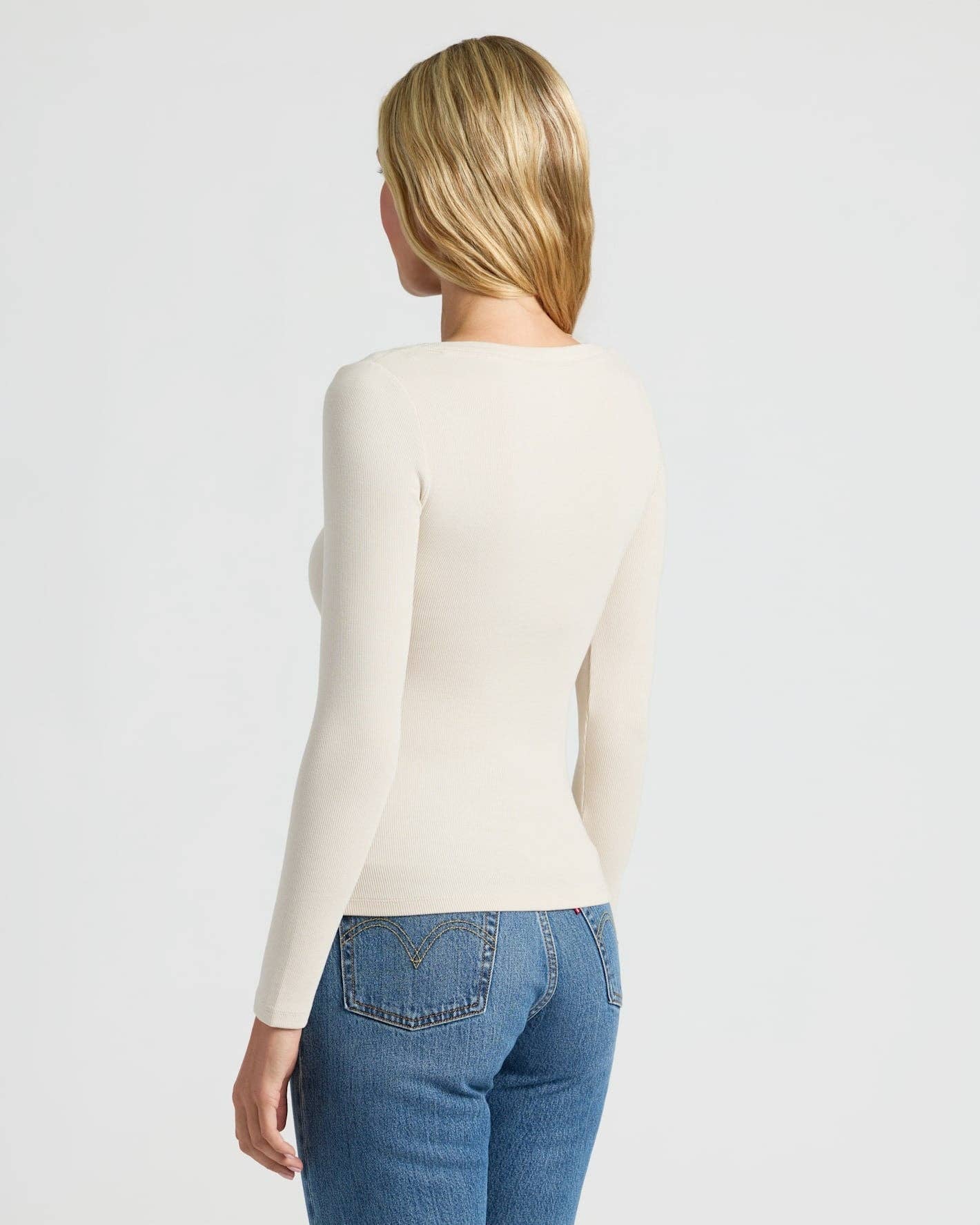 Womens Oatmeal Ribbed Long Sleeve Scoop Neck Tee