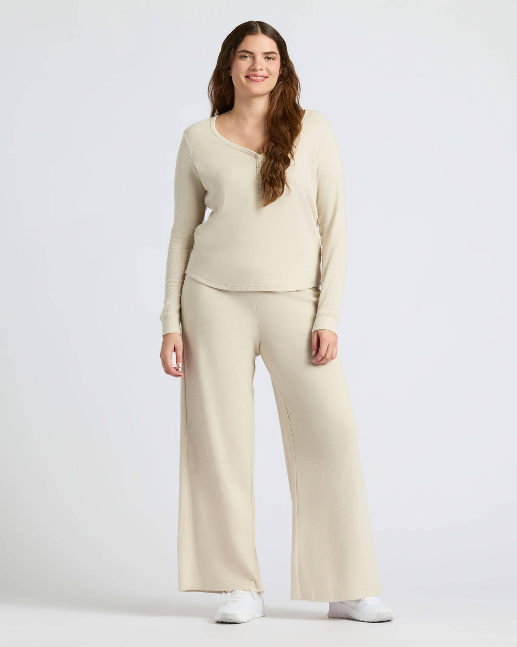 Womens Oatmeal Waffle Long Sleeve Boxy Henley