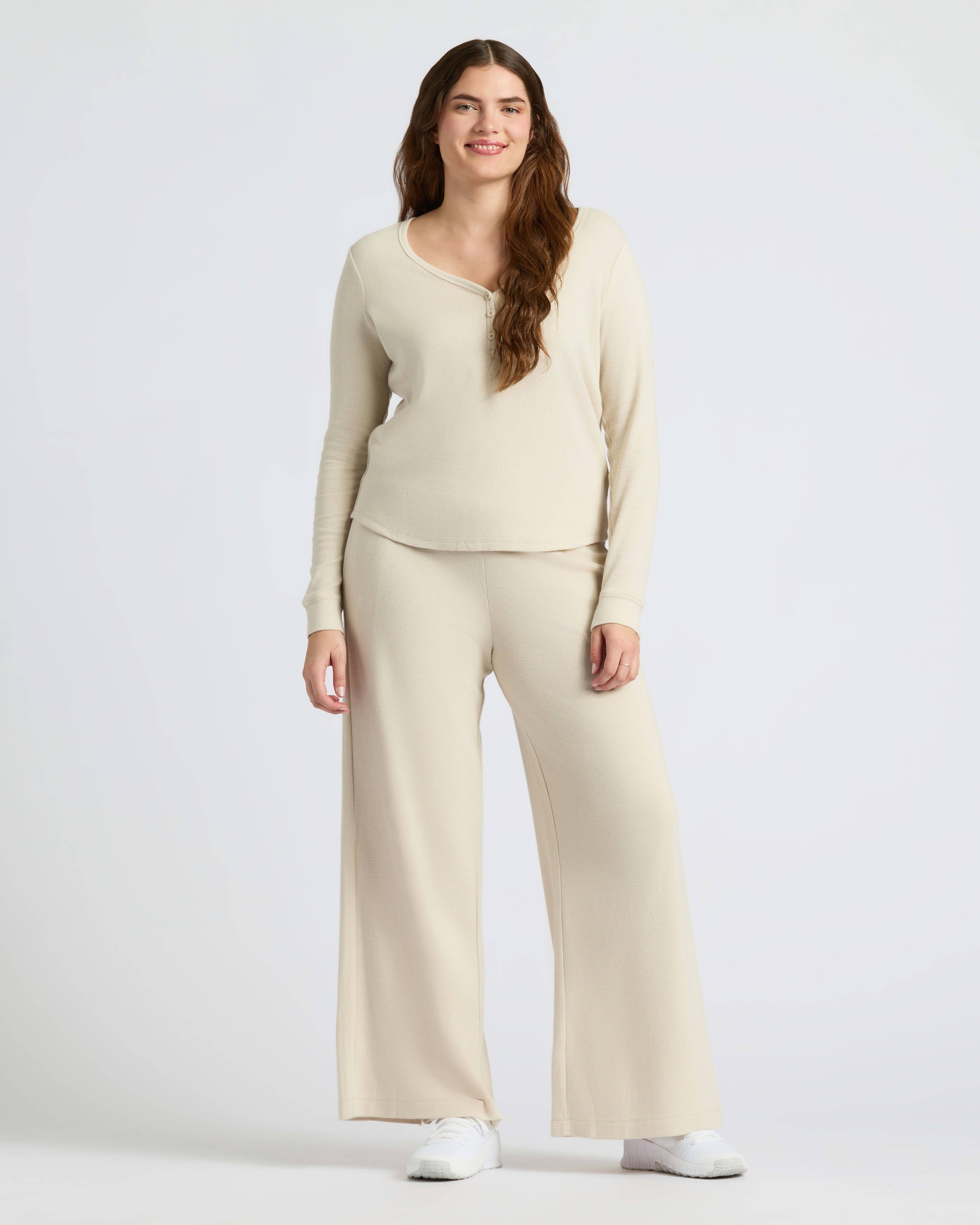 Womens Oatmeal Waffle Long Sleeve Boxy Henley