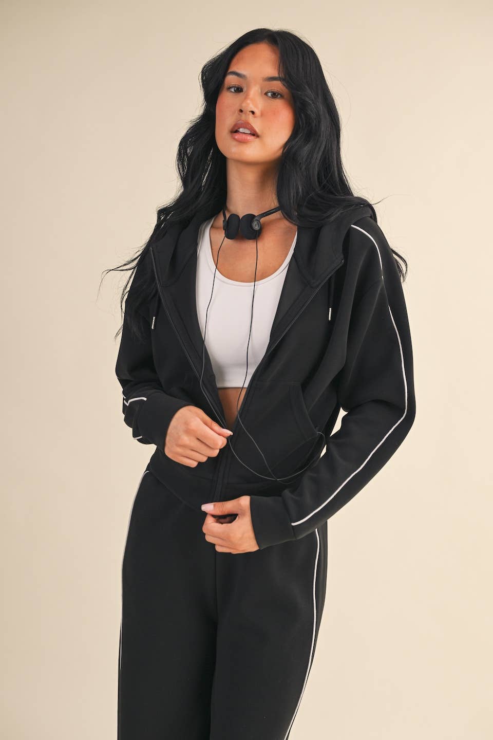 Super Soft Air Scuba  With Piping Zip Up Hoodie & Wide Leg Pants