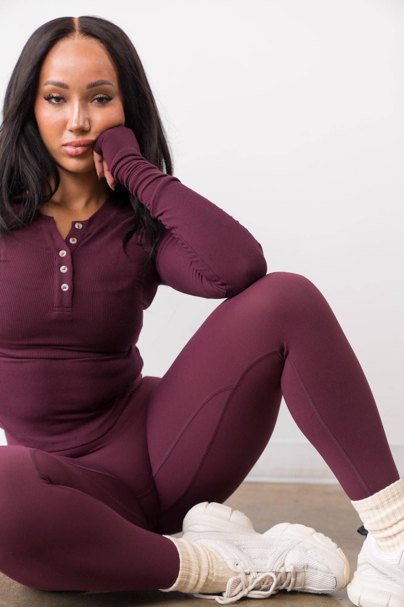 Vitality Easy Rib Henley Top - Wine