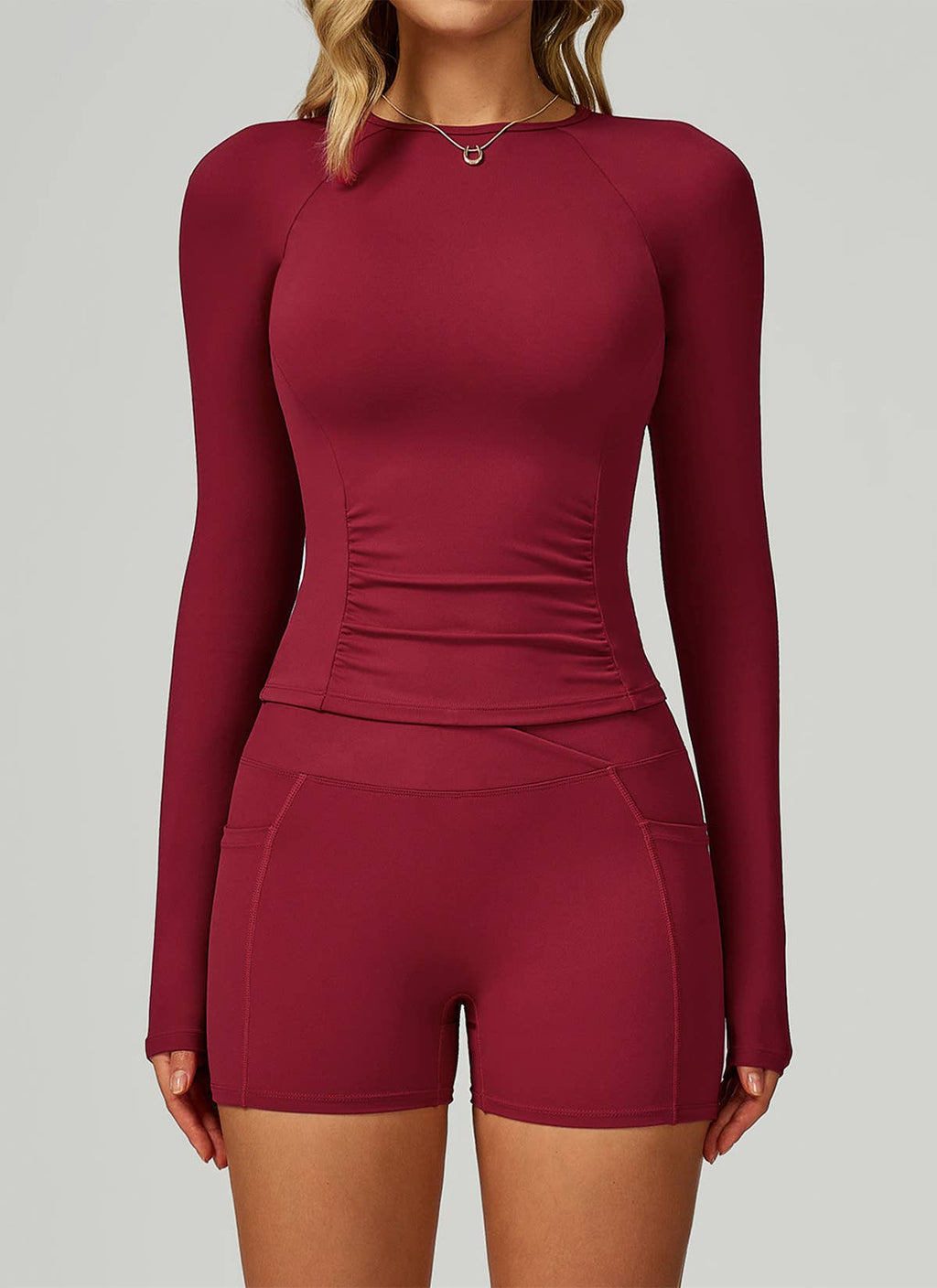 Deep Red Long Sleeve Crew Neck T-Shirt and Short