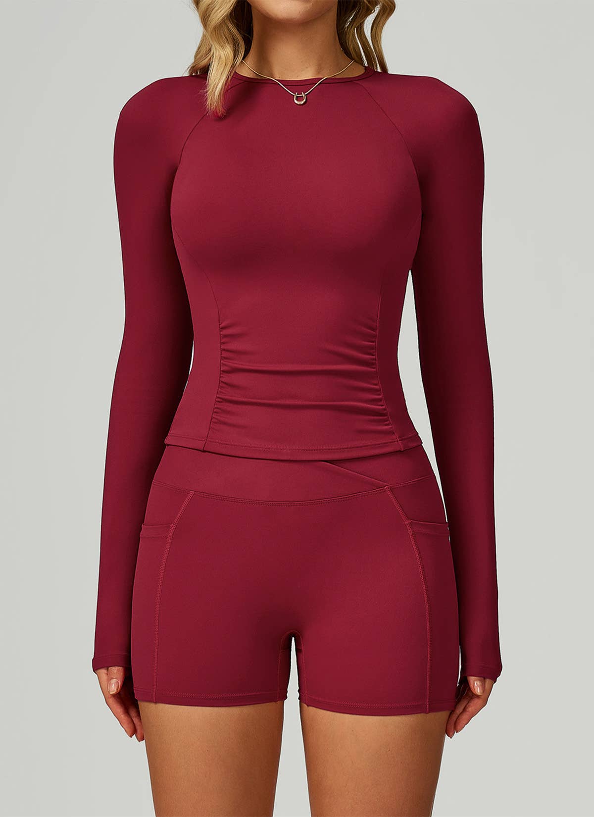 Deep Red Long Sleeve Crew Neck T-Shirt and Short