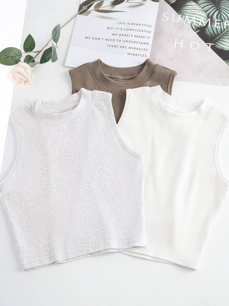 Basic Essential cotton high neck crop fitted tank top