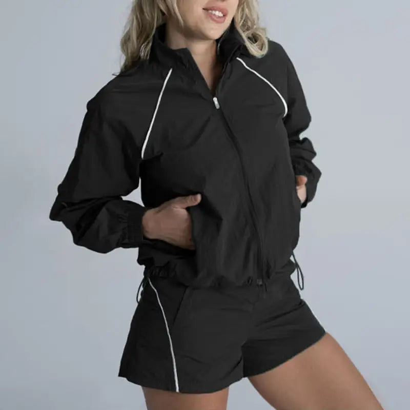 Contrasted color Full zipper jacket + shorts 2-Piece Set