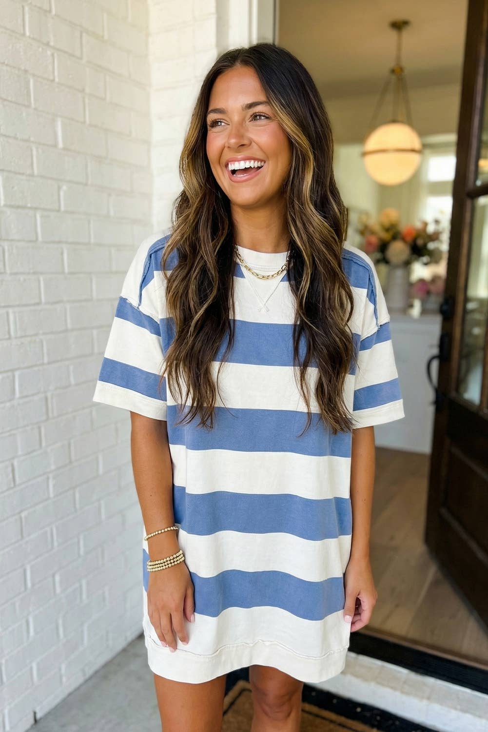 LAS Stripe Raw Seam Shoulder Detail Tee Dress (S-XL)