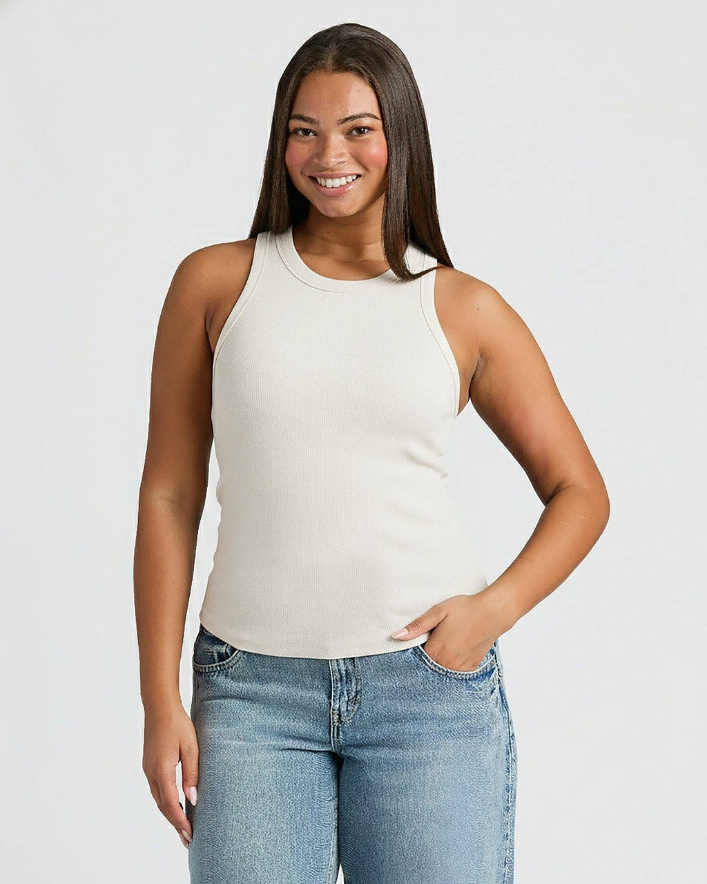 Womens Oatmeal Ribbed High Neck Tank