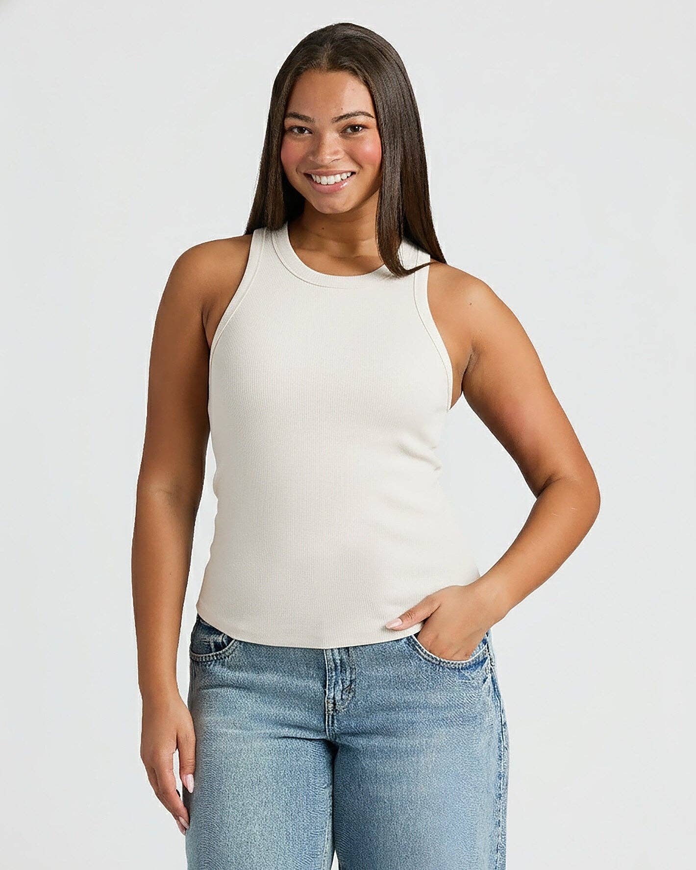 Womens Oatmeal Ribbed High Neck Tank