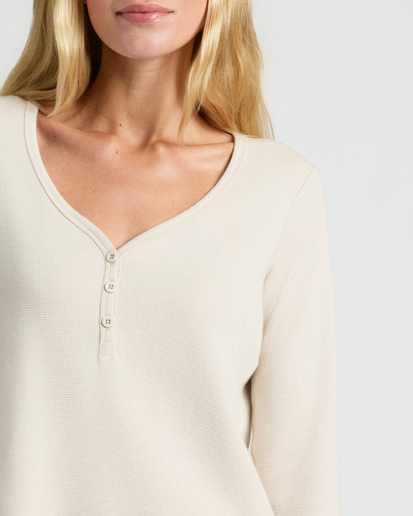 Womens Oatmeal Waffle Long Sleeve Boxy Henley