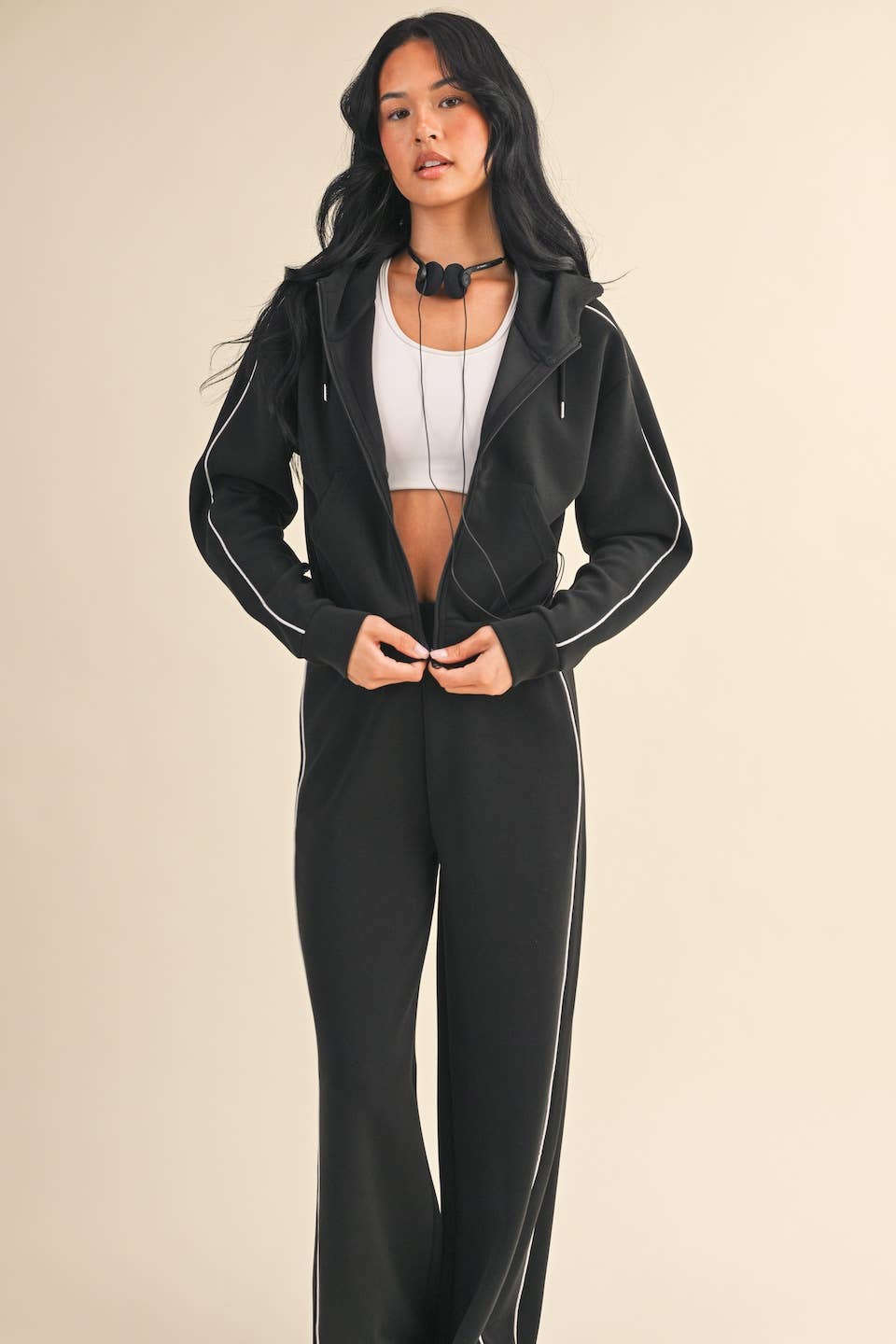 Super Soft Air Scuba  With Piping Zip Up Hoodie & Wide Leg Pants
